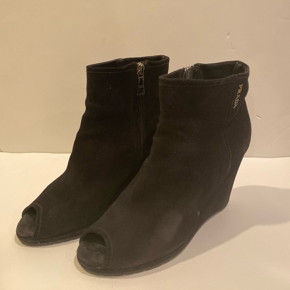 PRADA Black Suède Open Toe Wedge Booties - Picture 1 of 7